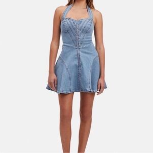 Bardot Lee Halter Neck Blue Denim Mini Dress Size Medium Zip Front Paneled NWT
